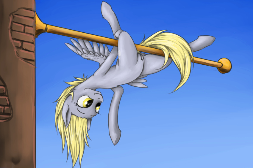 2013 blonde_hair cutie_mark derpy_hooves duo equine female feral friendship_is_magic grey_fur hair horse madhotaru my_little_pony pegasus pony pussy smile solo upside-down wings yellow_eyes