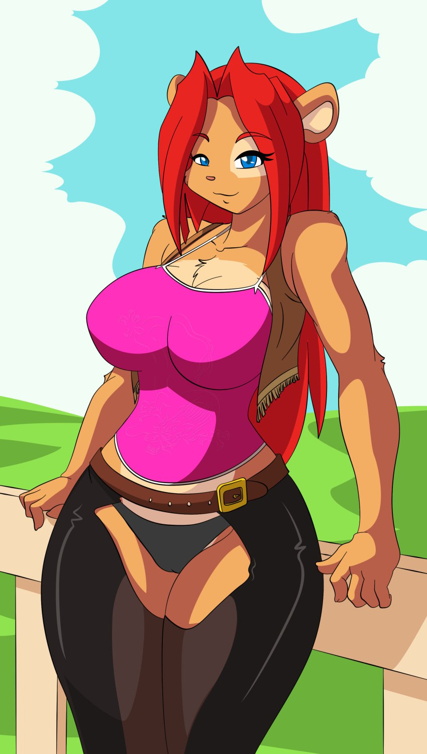 ambar big_breasts blue_eyes breasts brown_fur cameltoe chest_tuft closed_mouth clothing cowboy_outfit edit female hair las_lindas looking_at_viewer milf mother parent pose red_hair shirt smile solo string_panties tank_top underwear