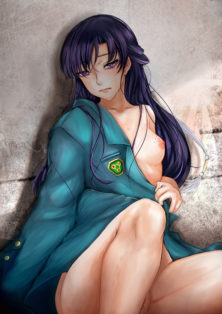 1girls bite_mark bite_mark_on_breast breasts crying cum_in_pussy cum_inside dress_shirt female female_only highres kakumeiki_valvrave long_hair naked_shirt nipples nonoririn pouty_lips purple_eyes pussy raped rukino_saki solo streaming_tears tear tear_streaks tears tears_in_eyes tears_of_pain uniform upset