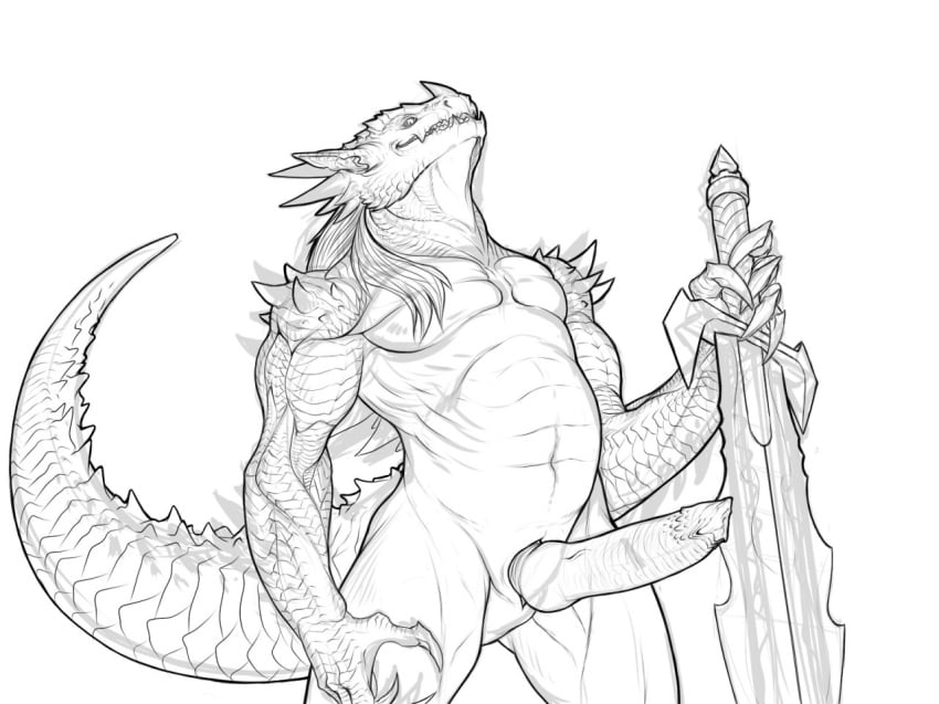 1boy belly big_penis claws dragon erection hair humanoid lizard lizardman looking_at_viewer male male_only monochrome nude penis rollwulf scalie sketch solo spikes standing sword teeth thick_tail weapon