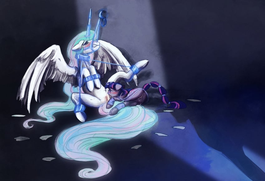 2011 alicorn blush bound cosmicunicorn crying cunnilingus duo equine female friendship_is_magic horn horse lying my_little_pony on_side oral oral_sex pony princess_celestia_(mlp) pussy sex silhouette spread_legs spreading tears twilight_sparkle_(mlp) unicorn vaginal_penetration wings yuri