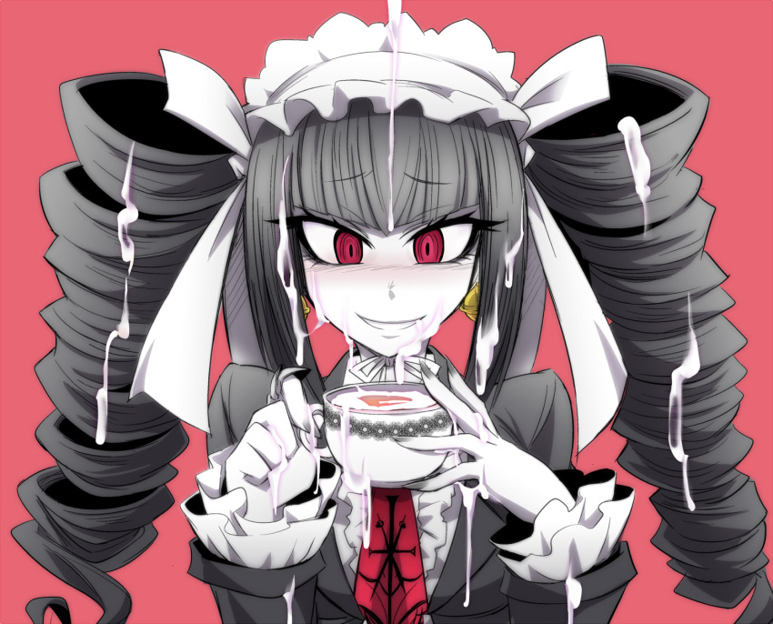 1girls black_hair black_nail_polish black_nails blank_background blush blushing celestia_ludenberg cum cum_in_container cum_on_face cum_on_hair danganronpa desire drill_hair drinking drinking_cum goth gothic_lolita happy heavy_blush nail_polish pale-skinned_female pale_skin red_eyes solo straight straight_hair tea white-skinned_female