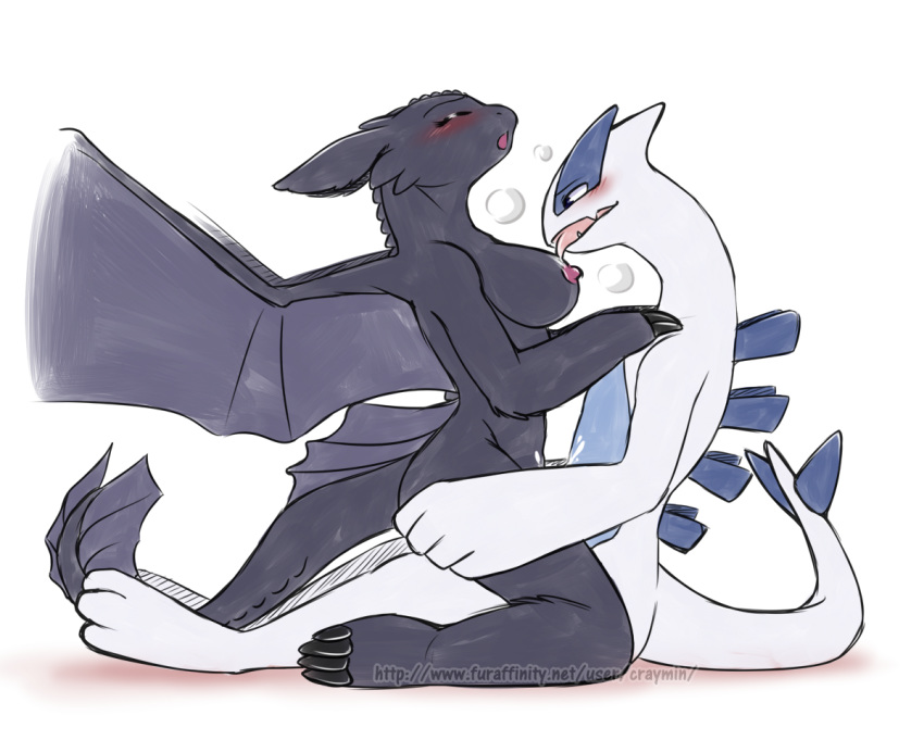 anthro black_skin breasts craymin female genderswap how_to_train_your_dragon interspecies lugia male pokemon pokemon_(species) side_view straight tagme toothless white_skin wings