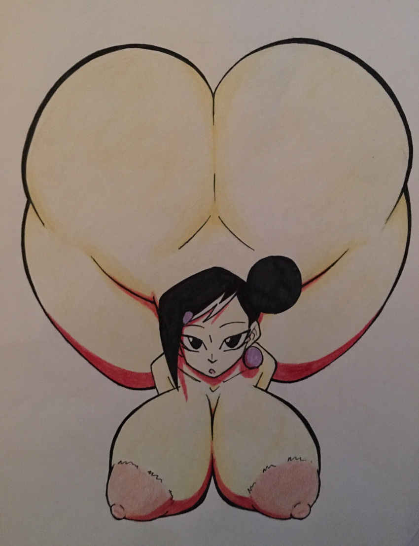 1girls black_eyes black_hair colored_pencil_(artwork) colored_pencil_(medium) earring hair_bun huge_ass large_areolae large_breasts original original_character s3_studios simple_background solo solo_female solo_focus traditional_drawing_(artwork) traditional_media traditional_media_(artwork) two_tone_hair