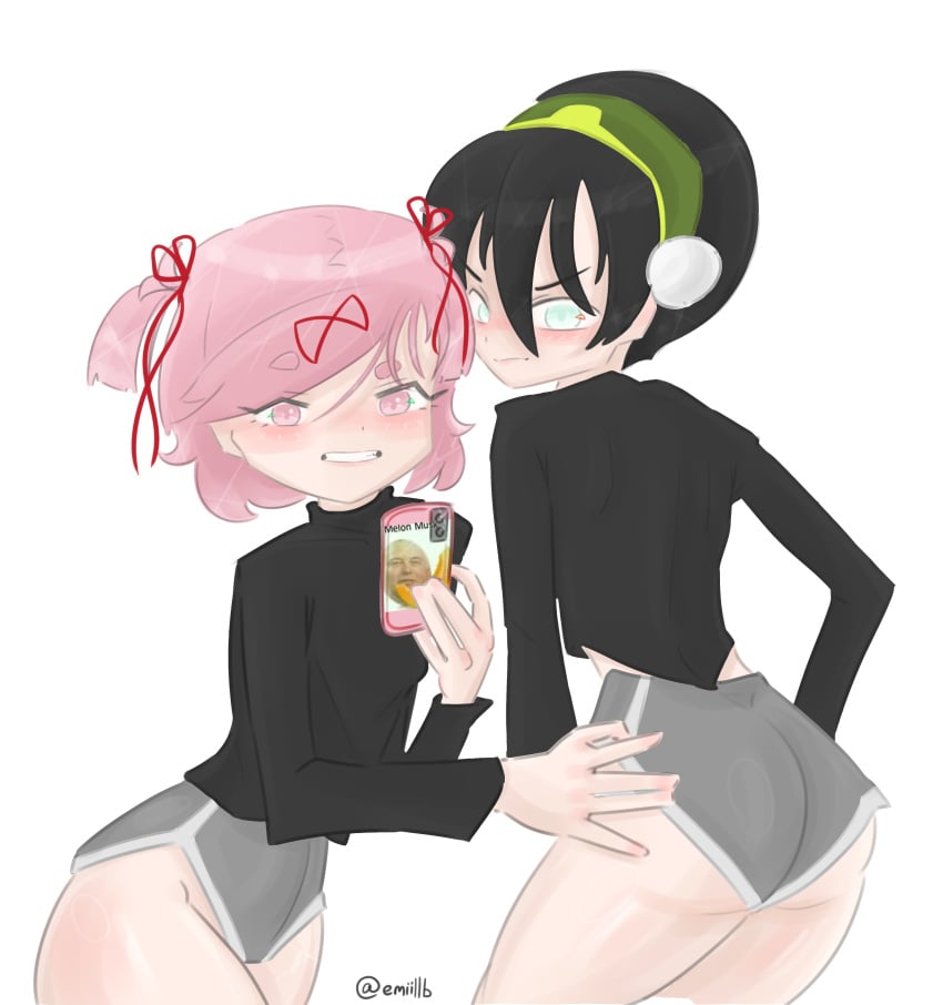 2girls ass avatar_legends avatar_the_last_airbender butt crossover doki_doki_literature_club dolphin_shorts earth_kingdom emiillb female female_only human multiple_girls natsuki_(doki_doki_literature_club) pink_eyes pink_hair shorts toph_bei_fong