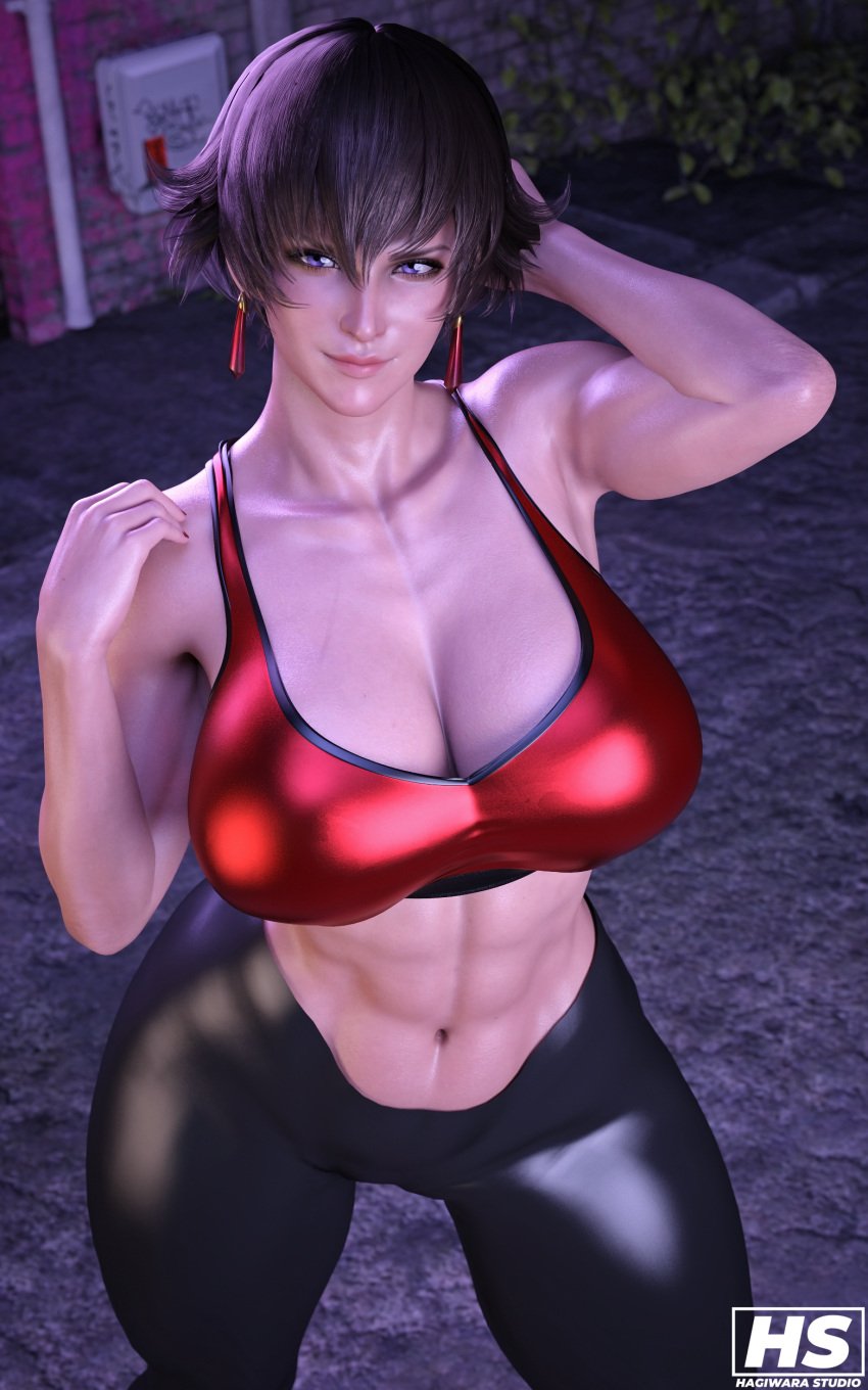 1girls 3d big_breasts breasts brown_hair capcom female female_only fiorayne hagiwara_studio high_resolution highres monster_hunter monster_hunter_rise muscular_female purple_eyes short_hair solo sports_bra sportswear tagme