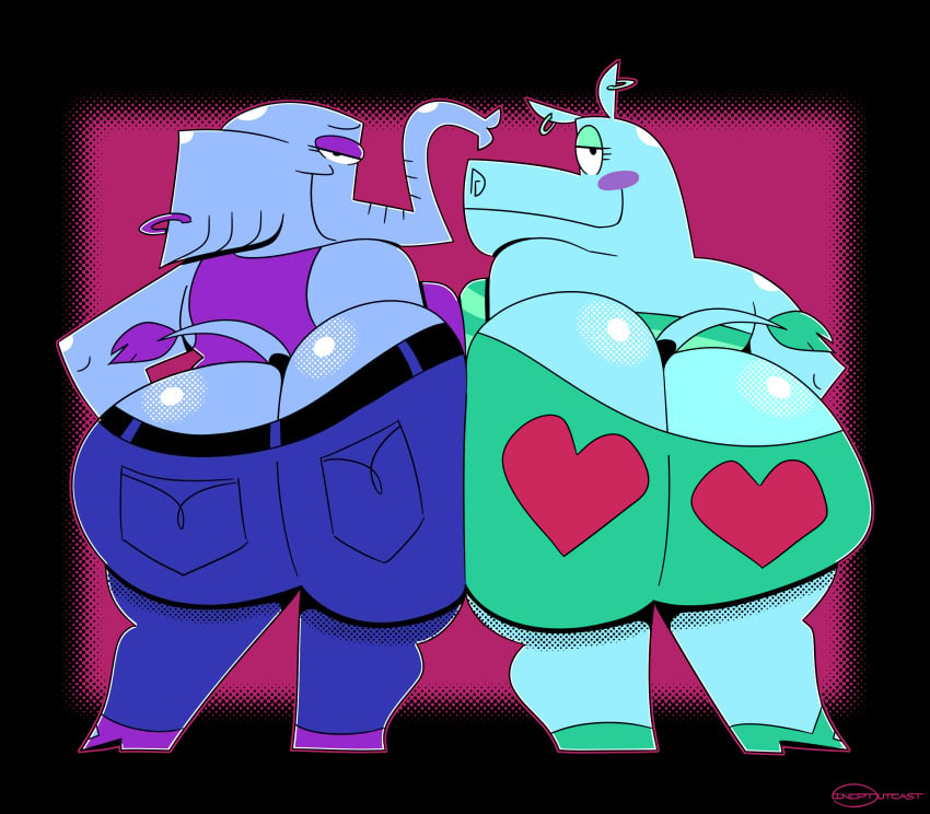 2girls 3_dog_band anthro ass ass_cleavage ass_to_ass background_character background_characters big_ass bubble_butt butt_crack clothing elephant fat_ass female female_only hippopotamid huge_ass ineptoutcast large_ass looking_at_viewer looking_back no_panties smile thick_ass thick_thighs unnamed_character wide_hips