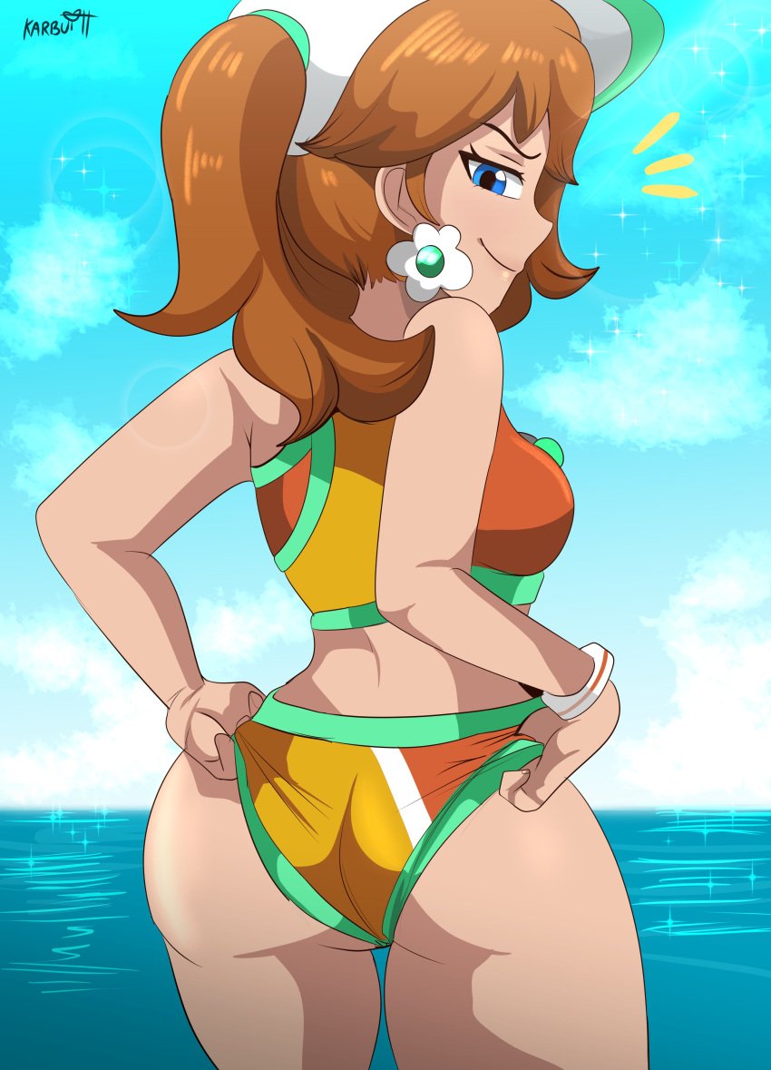 1girls adjusting_clothes adjusting_swimsuit artist_name ass big_ass blue_eyes breasts brown_hair earrings female flower_earrings karbuitt looking_at_viewer looking_back looking_back_at_viewer mario_(series) mario_kart mario_kart_world nintendo ponytail princess_daisy princess_daisy_(swimwear) smirk solo solo_female solo_focus visor water