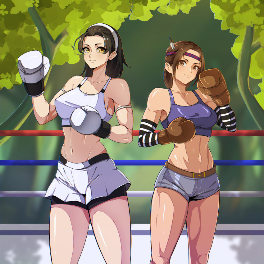 2girls alluring big_breasts black_hair boxing_gloves boxing_ring brown_eyes brown_hair cleavage fembox_collect forest kazama_jun michelle_chang milf milfs namco outside shorts sports_bra tekken tekken_1 tekken_2 tekken_8 tekken_tag_tournament tekken_tag_tournament_2