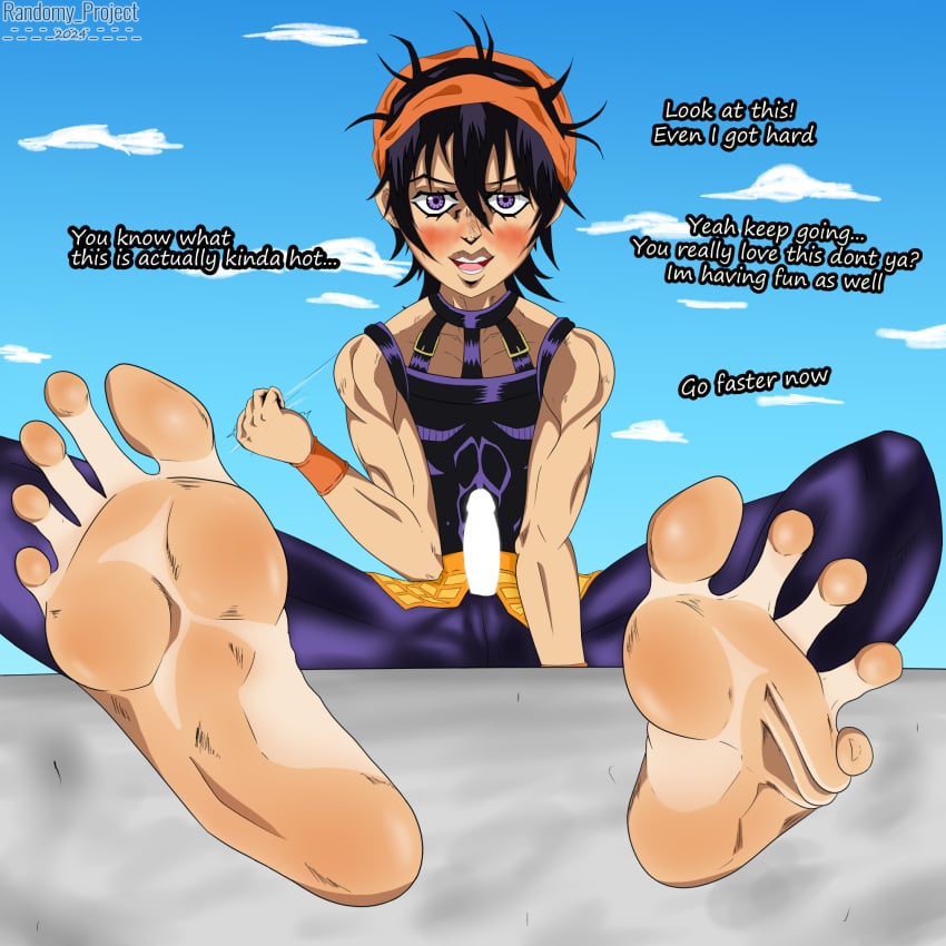 1boy barefoot censored dialogue erection feet foot_fetish jerking_off_hand_motion joi jojo's_bizarre_adventure male male_only narancia_ghirga penis randomy_project solo solo_male text vento_aureo