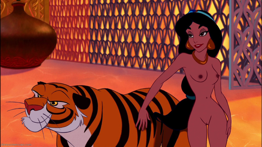 aladdin dark-skinned_female dark_skin disney disney_princess edit editanon_(artist) nipples nude princess_jasmine rajah screenshot screenshot_edit tiger