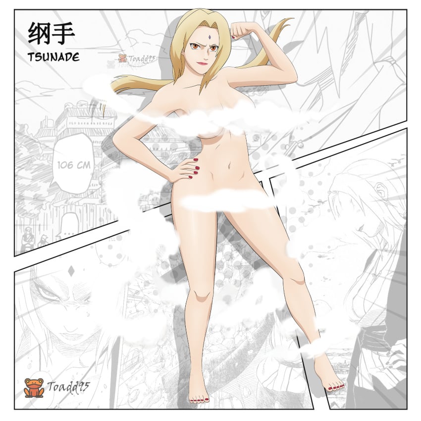 1girls accurate_art_style anime anime_style barefoot biceps big_breasts blonde_hair breasts brown_eyes censored censored_nipples character_name clenched_fist clenched_hand completely_nude completely_nude_female convenient_censoring curvaceous feet female female_only fingernail_polish full_body hand_on_hip hourglass_figure huge_breasts light-skinned_female light_skin lipstick long_hair looking_at_viewer makeup manga manga_page manga_style mature mature_female milf muscular muscular_female nail_polish naked naruto naruto_(classic) naruto_(series) naruto_shippuden nude nude_female pinup pose posing raised_arm raised_eyebrows sagging_breasts smile smirk solo steam text toadd95 toenail_polish toes tsunade voluptuous voluptuous_female watermark wide_hips