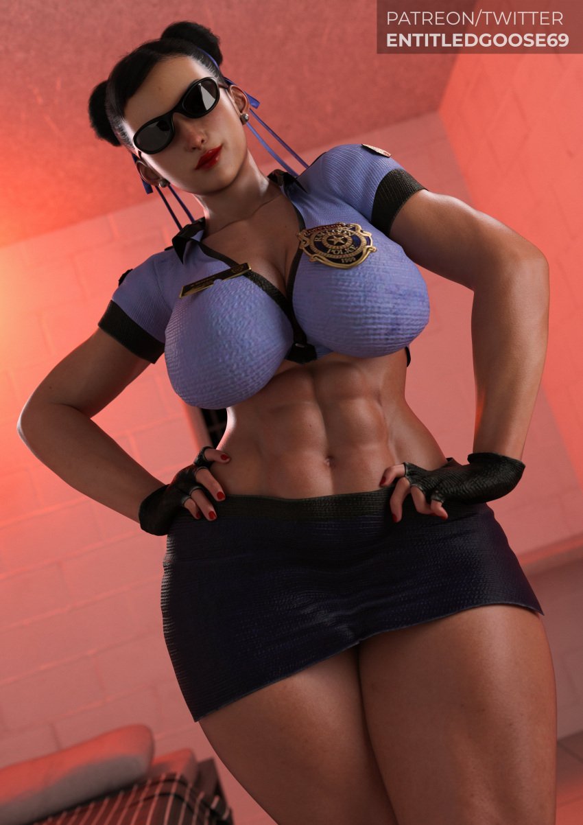 1girls 3d 3d_(artwork) abs asian asian_female athletic athletic_female big_breasts breasts brown_eyes brown_hair chun-li cleavage cop dark_hair entitledgoose female female_only mature_female milf police police_uniform policewoman skirt smile smiling smiling_at_viewer solo street_fighter street_fighter_6 thick_thighs wide_hips