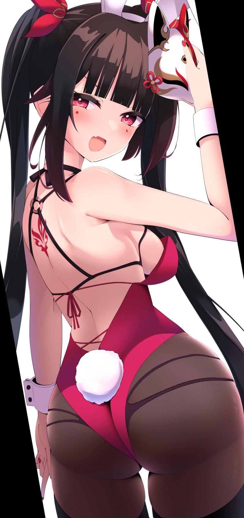 1girls 2d 2d_(artwork) alternate_costume back back_view backboob blush brown_hair bunny_tail bunnysuit female female_focus female_only fox_mask high_resolution highres honkai:_star_rail honkai_(series) hourglass_figure light-skinned_female light_skin long_hair looking_at_viewer looking_back looking_back_at_viewer mask mask_on_head pigtails pink_eyes red_bunnysuit simple_background smiling smiling_at_viewer solo solo_female solo_focus sparkle_(honkai:_star_rail) standing tetolisto white_background young younger_female