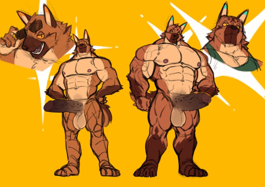 absurd_res aki_sbarkle anthro balls big_balls big_pecs big_penis black_penis brother_(lore) brothers_(lore) brown_body brown_fur canid canine canis domestic_dog duo eyewear fur gay genitals german_shepherd guide_lines haru_sbarkle herding_dog hi_res huge_cock lifting_glasses male mammal muscular muscular_anthro muscular_male nipples pastoral_dog pecs penis sibling_(lore) simple_background size_difference smile smiling_at_viewer smirk smirking_at_viewer sunglasses vein veiny_penis vorusuarts yellow_background