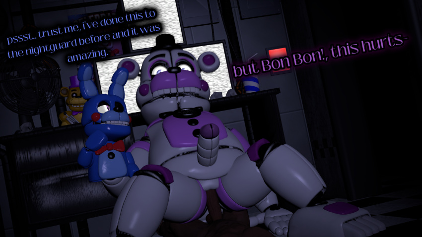 3boys 3d animatronics anus big_penis bigger_male blacked_male chatting disbelief fancy_clothing five_nights_at_freddy&#039;s forced_anal funtime_freddy_(fnafsl) hand_puppet human_on_robot in_pain male male_only nightguard pained_expression pctoaster puppet_bonnie_(fnafsl) pushing_in riding_cock sfm source_filmmaker virgin virginity_loss