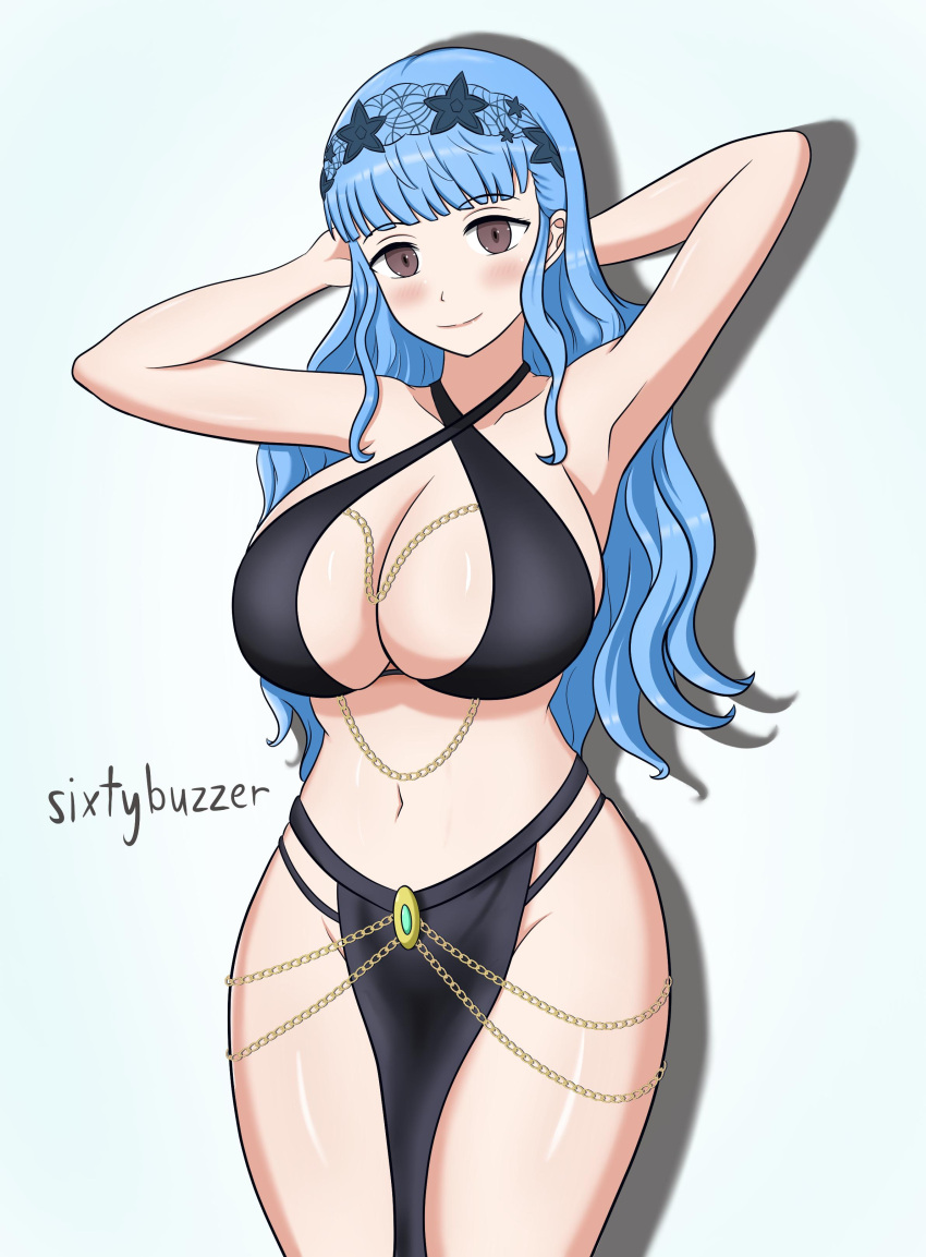 1girls alternate_costume alternate_hairstyle armpits bangs bare_midriff bare_thighs blue_hair breasts brown_eyes cleavage female female_only fire_emblem fire_emblem:_three_houses fire_emblem_warriors:_three_hopes highres large_breasts light_blue_hair long_hair looking_at_viewer marianne_von_edmund midriff nintendo official_alternate_hairstyle pelvic_curtain sixtybuzzer solo thighs yomorio_lingerie