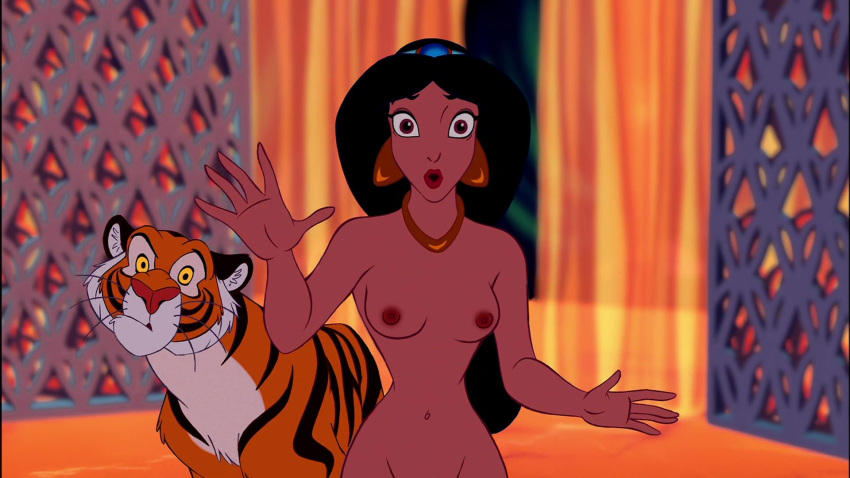 aladdin dark-skinned_female dark_skin disney disney_princess edit editanon_(artist) nipples nude princess_jasmine rajah screenshot screenshot_edit tiger