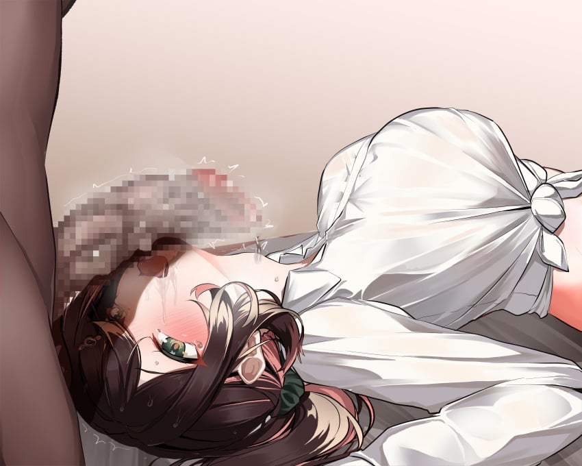 1boy 1girls after_fellatio blush brown_hair cum cum_in_mouth dark-skinned_male genitals green_eyes indie_virtual_youtuber large_breasts large_penis light-skinned_female lying miori_celesta penis pharetra_third tsunderia virtual_youtuber