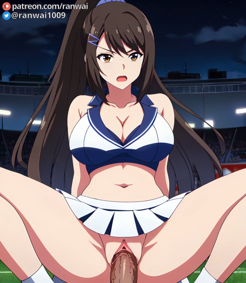 ai_generated anime bondage brown_eyes brown_hair chabashira_sae cheerleader classroom_of_the_elite cowgirl_position large_breasts ranwai sex stable_diffusion vaginal_penetration vaginal_sex youkoso_jitsuryoku_shijou_shugi_no_kyoushitsu_e