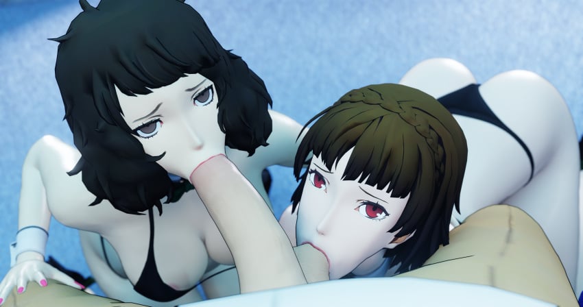 bikini blowjob collaborative_fellatio fat_man femsub heels kobayakawa_(persona_5) makoto_niijima male_pov maledom obese_male overweight_male persona persona_5 pov rbf7 sadayo_kawakami submissive_female testicle_sucking