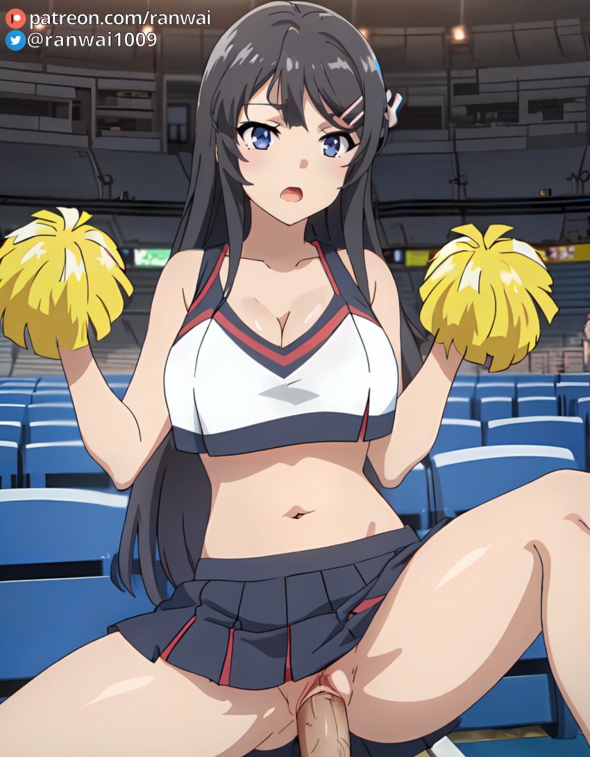 ai_generated anime azusagawa_sakuta black_hair cheerleader cheerleader_outfit cowgirl_position dark_blue_eyes large_breasts ranwai sakurajima_mai seishun_buta_yarou_wa_bunny_girl_senpai_no_yume_wo_minai sex stable_diffusion vaginal_penetration vaginal_sex