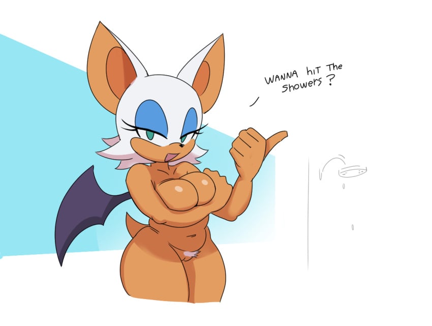 2024 anthro bat breasts covering covering_breasts covering_self dialogue english_text eyeshadow female fur furry genitals humanoid makeup mammal mekaatomic narrowed_eyes nude open_mouth pubes pussy rouge_the_bat sega shower simple_background solo sonic_(series) sonic_the_hedgehog_(series) talking_to_viewer tan_body tan_skin text white_body white_fur wings