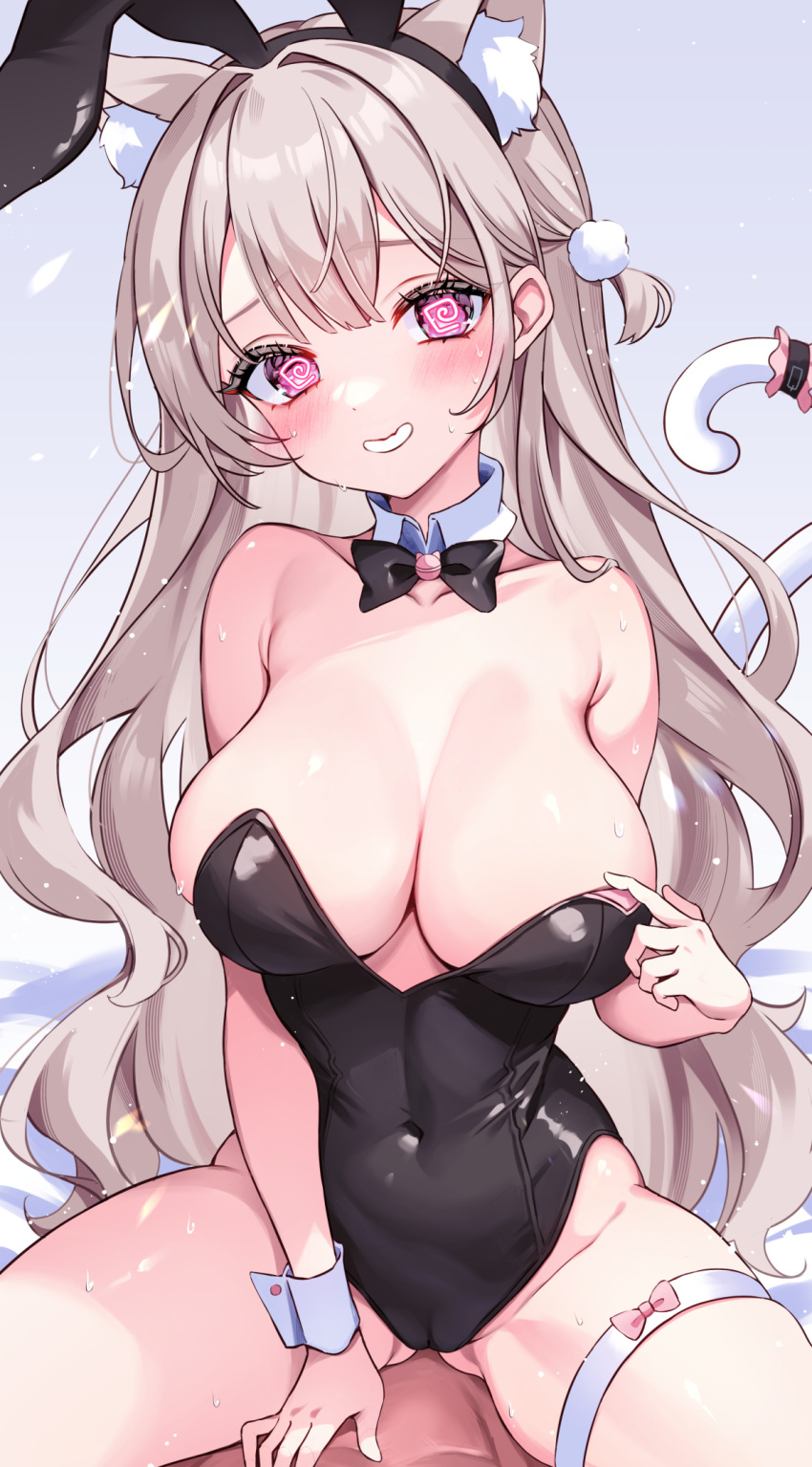 1boy @_@ animal_ear_fluff animal_ears artist_request black_bow black_bowtie black_leotard blush bow bowtie breasts brown_hair cat_ears cat_girl cat_tail cleavage covered_navel eneru_(enepuni) fake_animal_ears female grey_background grin highres implied_sex large_breasts leotard long_hair original playboy_bunny purple_eyes rabbit_ears sitting smile straight tail thigh_strap wavy_hair wrist_cuffs