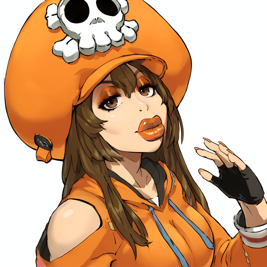 ai_generated big_lips bimbo bimboports(ai) brown_eyes brown_hair buchukisu eyeshadow female fingerless_gloves guilty_gear guilty_gear_strive hat hoodie lipstick long_fingernails makeup may_(guilty_gear) nail_polish orange_eyeshadow orange_lipstick thick_lips