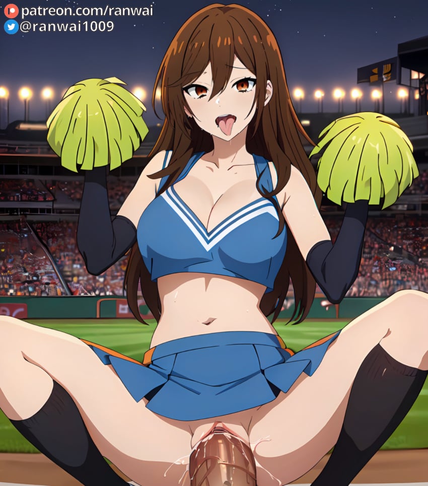 ahe_gao ahegao_face ai_generated anime brown_eyes brown_hair cheerleader cheerleader_uniform cowgirl_position hori_kyouko horimiya ranwai sex stable_diffusion vaginal_penetration vaginal_sex