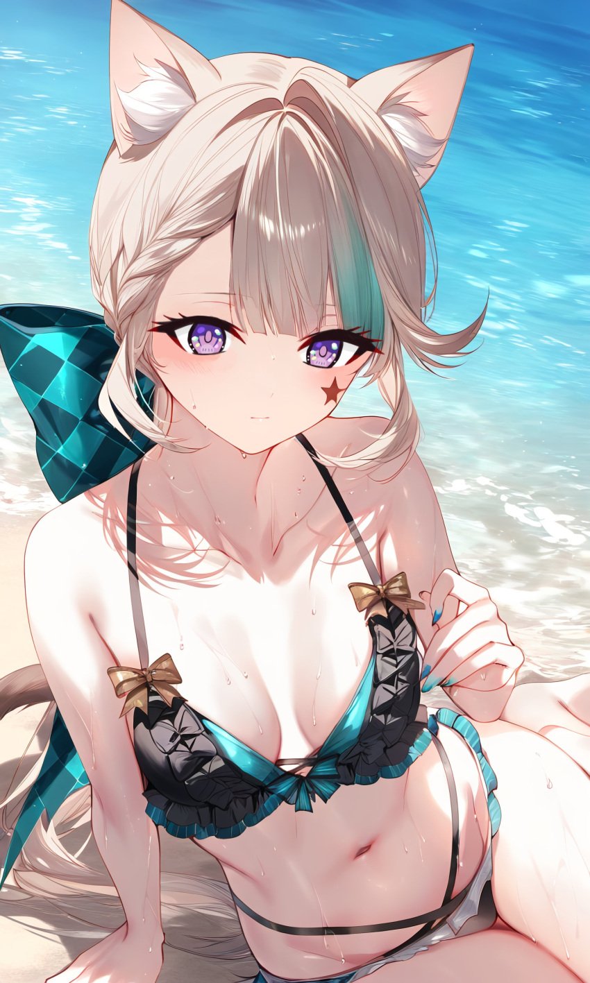 1girls ai ai_generated alternate_costume animal_ears beach belly_button bikini bikini_bottom bikini_top blush bra cat_ears catgirl day female female_focus female_only genshin_impact grey_hair high_resolution highres hourglass_figure long_hair looking_at_viewer lynette_(genshin_impact) medium_breasts multi-strapped_bikini navel ocean outdoors poyon_na purple_eyes revealing_clothes ribbons sand sitting sitting_on_ground solo solo_female solo_focus swimsuit thong two_piece_swimsuit water young younger_female