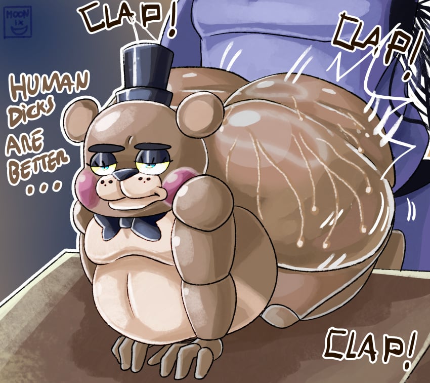 absurd_res anal anal_sex animatronic anthro ass bear big_butt bodily_fluids bow_tie clothed clothing digital_media_(artwork) duo english_text five_nights_at_freddy&#039;s five_nights_at_freddy&#039;s_2 fur hat headgear headwear hi_res huge_butt lagomorph leporid looking_at_viewer machine male male/male male_penetrated male_penetrating mammal moonix_xero nude penetration penile rabbit robot scottgames sex simple_background text thick_thighs toy_freddy_(fnaf) wide_hips withered_bonnie_(fnaf)