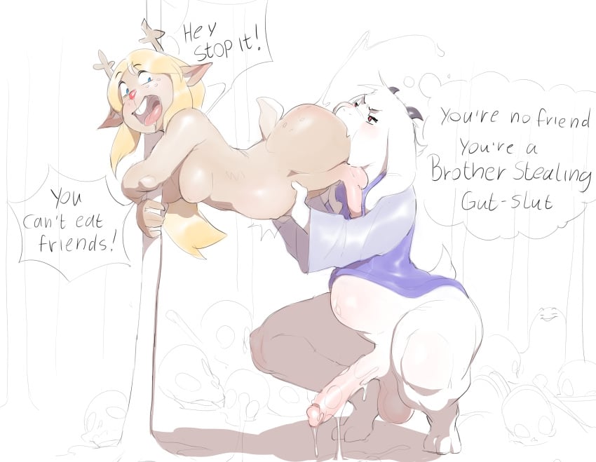 absurd_res anthro anthro_only asriel_dreemurr balls begging belly blush bodily_fluids bone bovid caprine cum cum_in_ass cum_inside deer deltarune dialogue english_text erection fatal_vore female female_prey femboy fur furry futanari genital_fluids genitals goat hi_res horn hung_femboy hung_trap imminent_death imminent_vore intersex kinkykong male male_on_futa male_pred mammal new_world_deer noelle_holiday nubert nude oral_vore penis pile_of_skulls reindeer same_size_vore skull spurting stomach_bulge text undertale undertale_(series) vore white_body white_fur