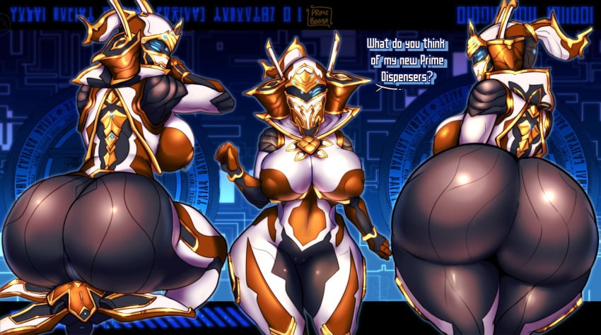 breasts dialogue gold_accents primebooba protea_(warframe) protea_prime_(warframe) robot thick warframe