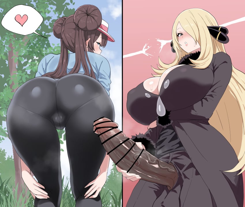 1futa 1girls 2koma absurd_res ass back_view balls bar_censor bent_over blonde_hair blue_eyes breasts brown_hair censored cleavage clothed clothing covered_nipples creatures_(company) cynthia_(pokemon) dark_penis double_bun duo erect_nipples erection female fully_clothed futanari game_freak grey_eyes hair_ornament heart hi_res holding_penis huge_breasts huge_cock human imminent_sex light-skinned_futanari light_skin long_hair looking_at_viewer looking_back mostly_clothed nintendo outdoors paid_reward_available pantyhose pantylines penis penis_awe penis_out pokemon pokemon_(game) pokemon_bw2 pokemon_dppt presenting preview rosa_(pokemon) sidelocks spoken_heart standing testicles tights twintails veiny_penis very_long_hair visor_cap xipa