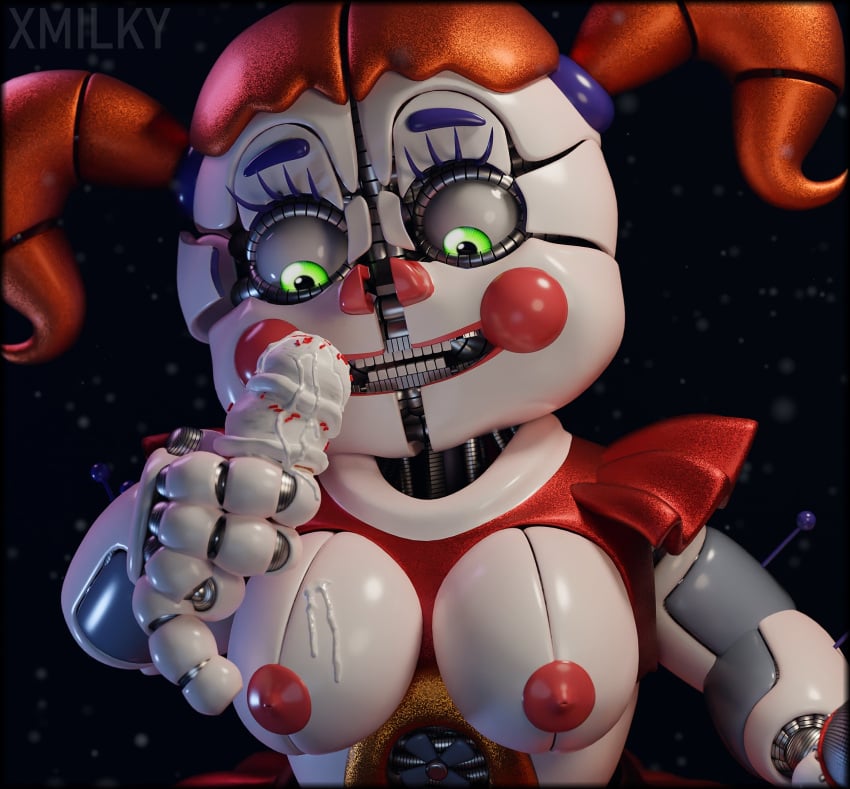 1girls 3d animatronic baby_(fnafsl) big_breasts blender circus_baby circus_baby_(fnaf) circus_baby_(original) female five_nights_at_freddy's five_nights_at_freddy's:_sister_location full_color green_eyes ice_cream ice_cream_on_breasts nipples no_penetration orange_hair pink_nipples robot robot_girl robot_humanoid skirt solo solo_female twintails white_body white_skin x3milky