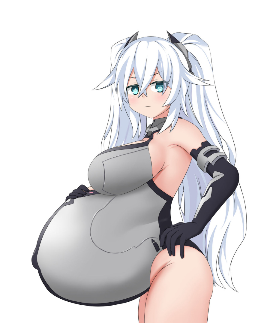 1girls armwear black_heart blue_eyes blush bodysuit breasts hand_on_belly lernana_6 neptunia_(series) power_symbol-shaped_pupils pregnant pregnant_female twintails white_hair