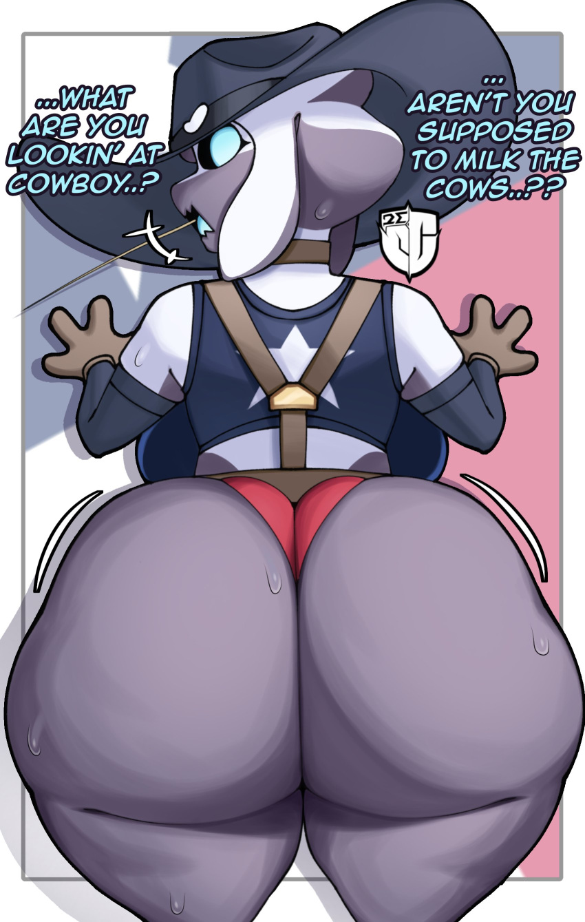 1girls 2020s 2024 4_fingers anthro anthro_only ass big_ass big_breasts big_thighs blue_eyes booty_shorts breasts clothing cowboy_hat dat_ass dialogue english english_text fat_ass female female_focus female_only furry furry_female furry_only gloves hat hi_res highres huge_ass igxxiii large_ass large_breasts large_thighs looking_back luna_(igxxiii) round_ass shortstack simple_background slug slug_girl solo solo_female solo_focus sweat sweaty_ass tail thick_thighs thighs wide_hips