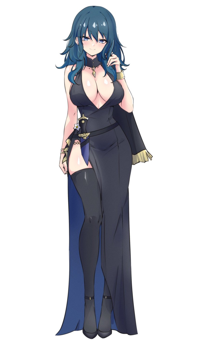 1girls absurdres bangle bare_shoulders black_dress black_footwear blue_eyes blue_hair bracelet breasts byleth_(female)_(fire_emblem) byleth_(fire_emblem) byleth_(fire_emblem)_(female) cleavage dress female female_only fire_emblem fire_emblem:_three_houses high_heels highres jewelry large_breasts latte latte_daruta2 looking_at_viewer medium_breasts nintendo plunging_neckline side_slit simple_background smile solo thighhighs twirling_hair white_background