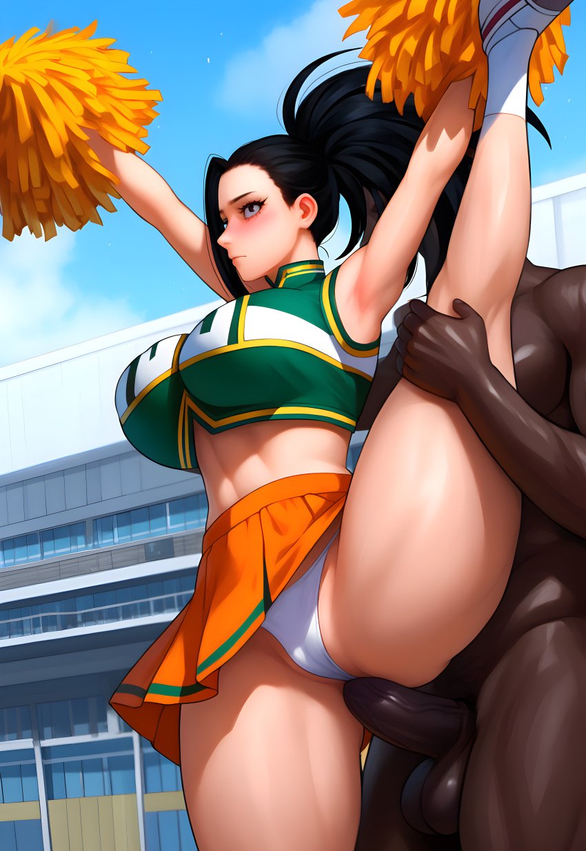 1boy 1girls ai_generated anal anal_sex armpits arms_up black_hair blush boku_no_hero_academia cheerleader cheerleader_outfit cheerleader_uniform cheerleading_pose closed_mouth dark-skinned_male duderu eyebrows eyelashes from_side hi_res high_resolution highres interracial large_breasts leg_grab leg_up long_hair midriff momo_yaoyorozu my_hero_academia outdoors panties panties_aside pom_poms ponytail public public_sex skirt sleeveless socks standing standing_on_one_leg standing_sex thick_thighs u.a._cheerleader_outfit underwear upskirt white_panties yaoyorozu_momo