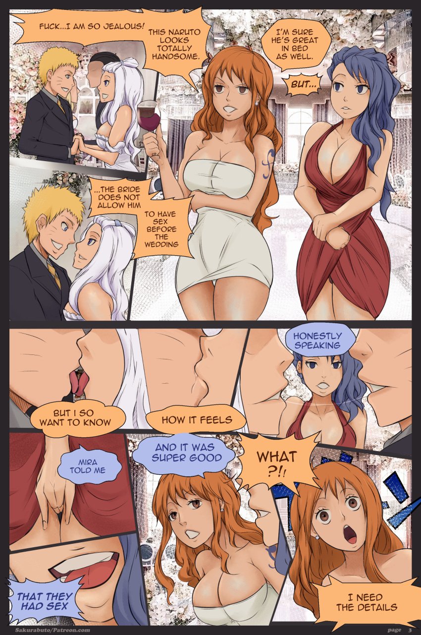 1boy 3girls blue_hair cheating comic crossover english_text fairy_tail female human juvia_lockser male mirajane_strauss multiple_girls nami naruto naruto_(series) one_piece page_3 page_number post-timeskip red_hair sakurabuto suit text uzumaki_naruto wedding_dress