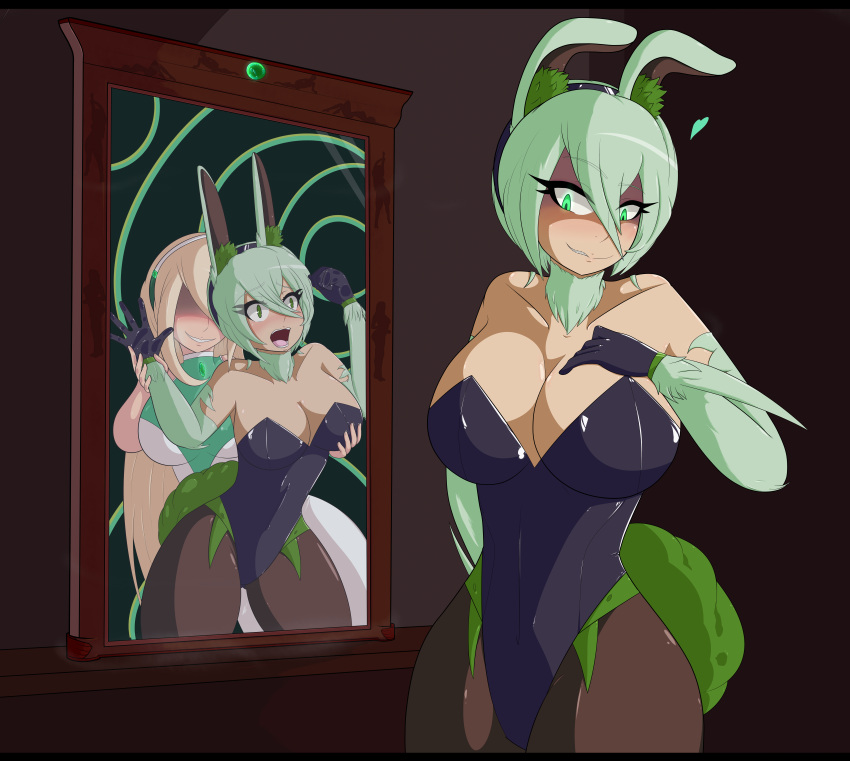 2girls bunny_ears bunny_girl bunnysuit checking_out_self ghost_girl green_hair groping hidden_eyes large_breasts mirror monster_girl possession restrained shaded-seraphim tan_skin trapped