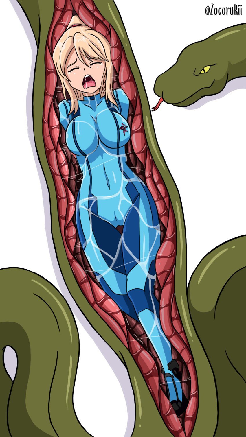 digestion female metroid metroid_prime samus_aran samus_aran_(cosplay) snake snake_vore solo solo_female struggles struggling vore vore_belly x-ray zero_suit zocorukii