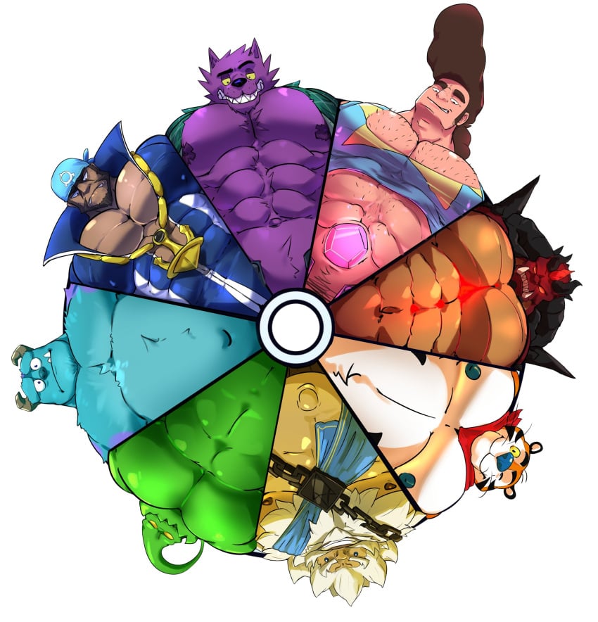 6+boys 8boys anthro archie_(pokemon) bara barazoku belly bernard_(ok_k.o.!_lbh) breath_of_the_wild color_wheel_challenge diablo friendly_unit93 gay goron male male_only monster monsters_inc multiple_boys muscular muscular_male pecs pectorals steg_(steven_universe) steven_universe sulley the_legend_of_zelda tony_the_tiger zac