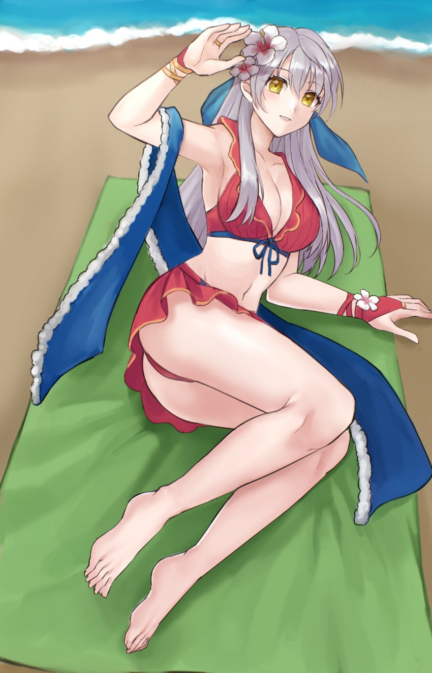 1girls absurdres alternate_costume arm_up armpits ass bare_legs bare_shoulders barefoot beach big_ass bikini breasts cleavage female female_only fire_emblem fire_emblem:_radiant_dawn fire_emblem_heroes flower grey_hair hair_flower hair_ornament hazuki_(nyorosuke) highres large_breasts legs micaiah_(fire_emblem) navel nintendo ocean official_alternate_costume outdoors red_bikini red_swimsuit solo stomach swimsuit thighs water white_flower yellow_eyes