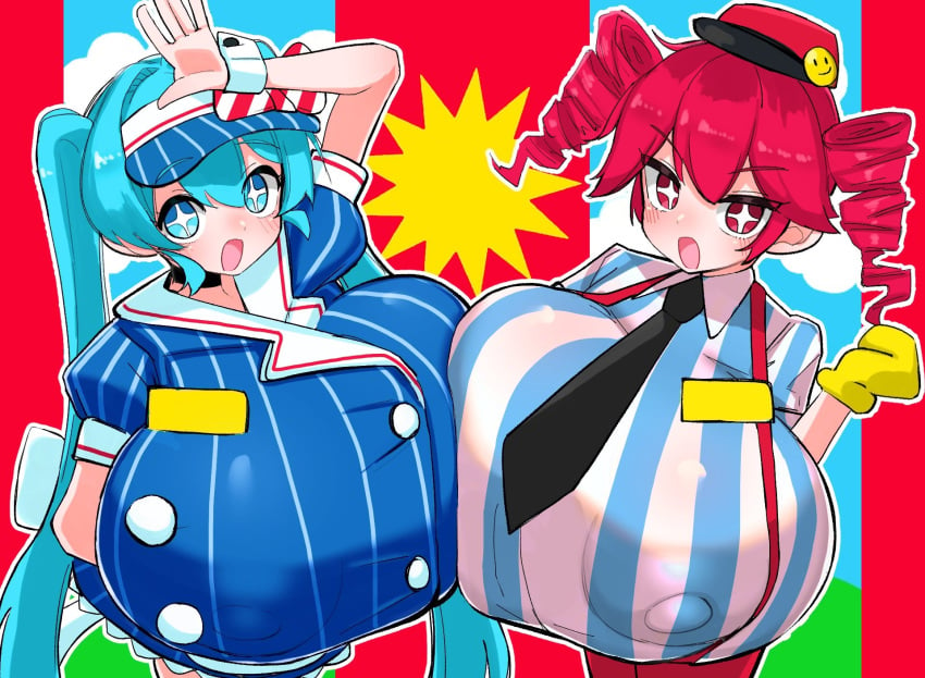 2girls aqua_eyes aqua_hair back_problems black_necktie blue_dress blue_hat bow breasts breasts_bigger_than_body breasts_bigger_than_head breasts_focus buttons clouds drill_hair gigantic_breasts hatsune_miku huge_breasts kasane_teto massive_breasts mesmerizer_(vocaloid) mesmerizer_miku mesmerizer_teto necktie nipple_bulge nipples_visible_through_clothing open_mouth outline pinstripe_dress pinstripe_hat puffy_short_sleeves red_background red_bow red_hair red_hat red_pants red_suspenders saluting simple_background sintaro_okabe smile smiley_face star_pupils star_shaped_pupils striped_bow striped_dress striped_shirt suspenders tridecagram twin_drills twintails utau vertical-striped_dress vertical-striped_headwear vertical-striped_shirt visor_cap vocaloid white_outline white_shirt wrist_cuffs yellow_gloves