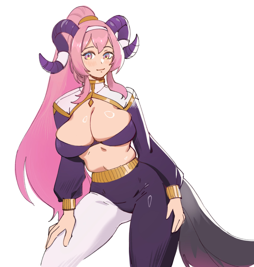 1girls alternate_costume ass_visible_through_thighs bare_midriff breasts cleavage eili_enie female female_only fire_emblem fire_emblem_heroes horns large_breasts long_hair looking_at_viewer midriff nerthuz_(fire_emblem) nintendo pantyhose pink_eyes pink_hair ponytail smile solo very_long_hair white_background