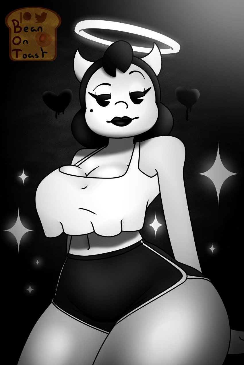 alice_angel angel_halo beanontoast bendy_and_the_ink_machine big_breasts big_tits black_hair black_lipstick black_shorts cleavage clothed_female female halo horns lipstick looking_at_viewer monochrome pacman_eyes raised_eyebrow shorts thick thick_thighs wide_hips