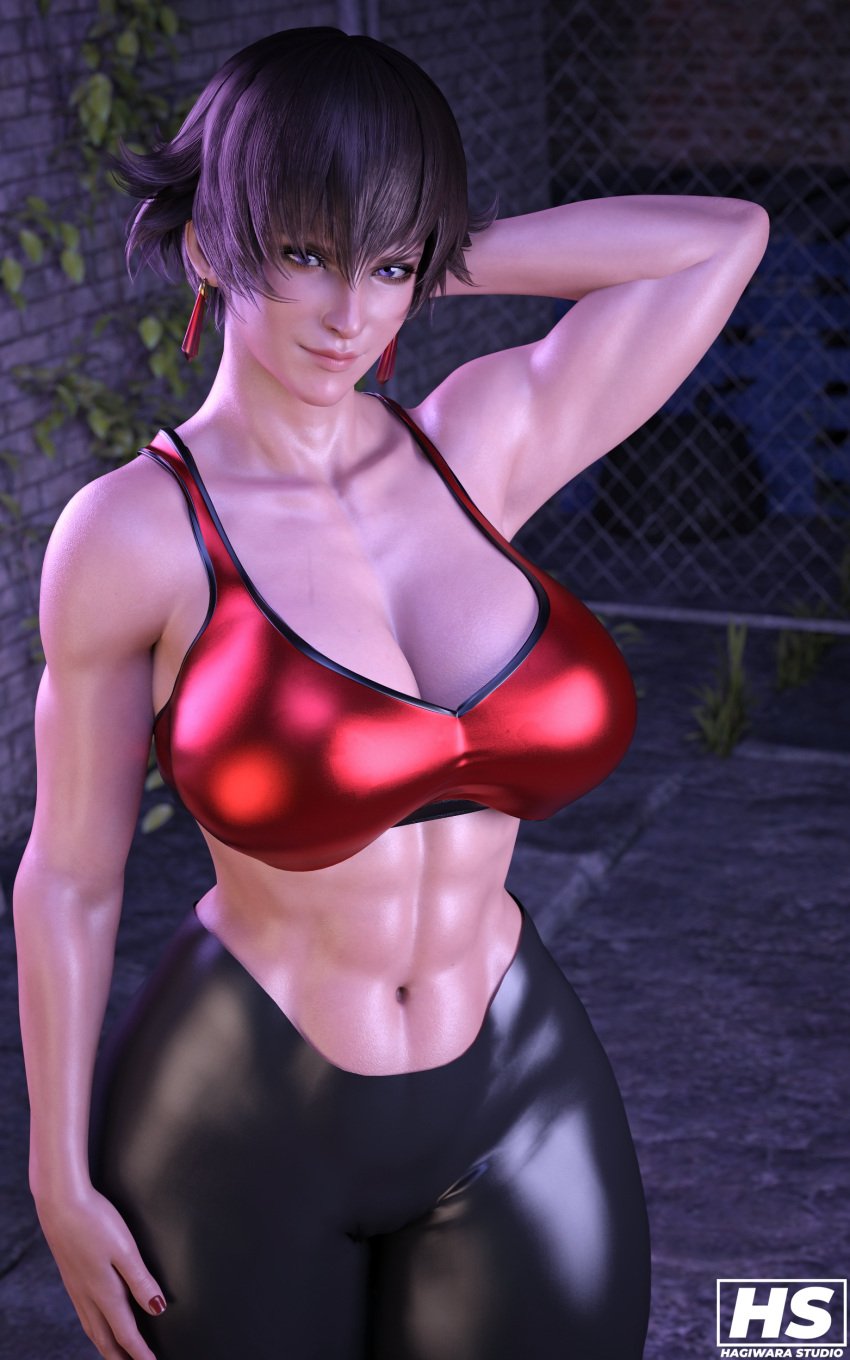 1girls 3d big_breasts breasts brown_hair capcom female female_only fiorayne hagiwara_studio high_resolution highres monster_hunter monster_hunter_rise muscular_female purple_eyes short_hair solo sports_bra sportswear tagme