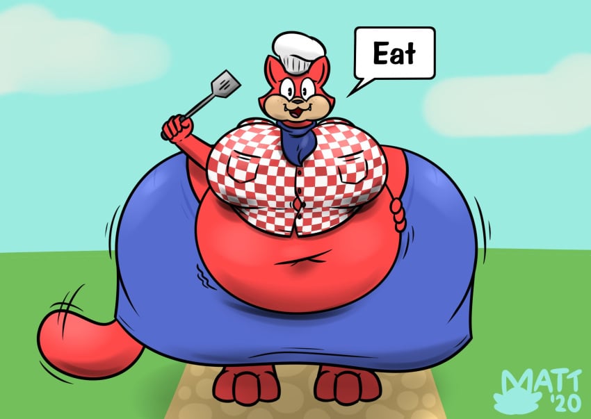 big_butt breasts cat_ears cat_tail chef_hat fat feline mattthetooncat obese plaid_shirt red_fur scarf simple_background speech_bubble toontown_cat toontown_corporate_clash toontown_online toony